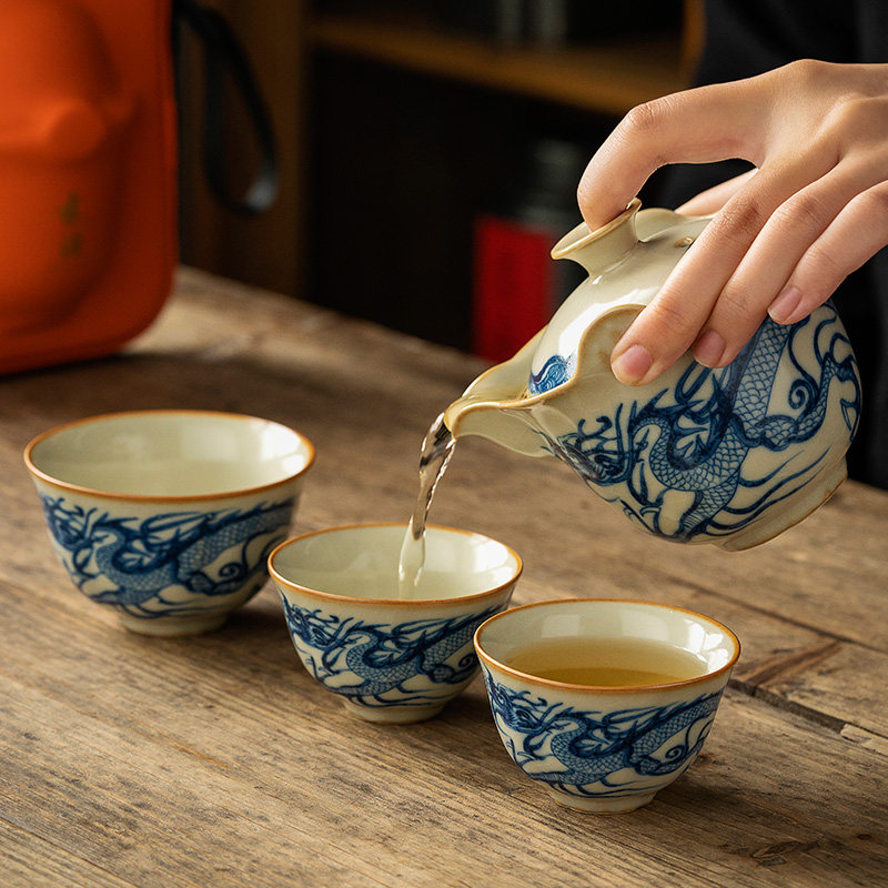 汝窑快客杯旅行茶具一壶三杯户外露营茶具套装喝茶装备陶瓷便携式
