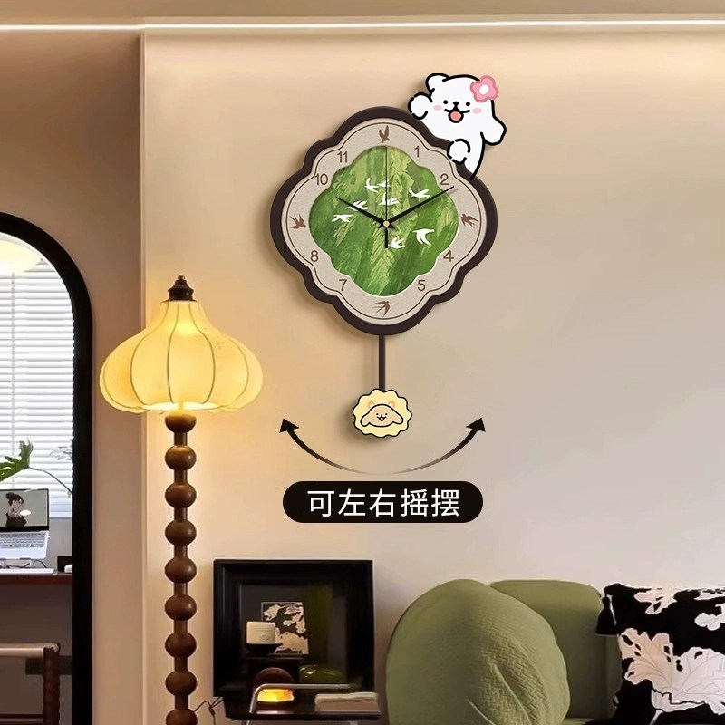 中古风猫咪挂钟客厅绿色家用餐厅装饰钟表创意静音时钟挂墙高级感