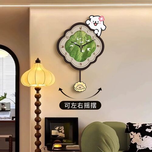 中古风猫咪挂钟客厅绿色家用餐厅装饰钟表创意静音时钟挂墙高级感