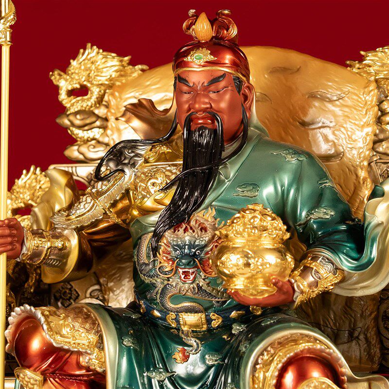 关圣帝君黄铜雕像 中式风格桌面摆件 12寸关羽坐龙椅铜像 关平周