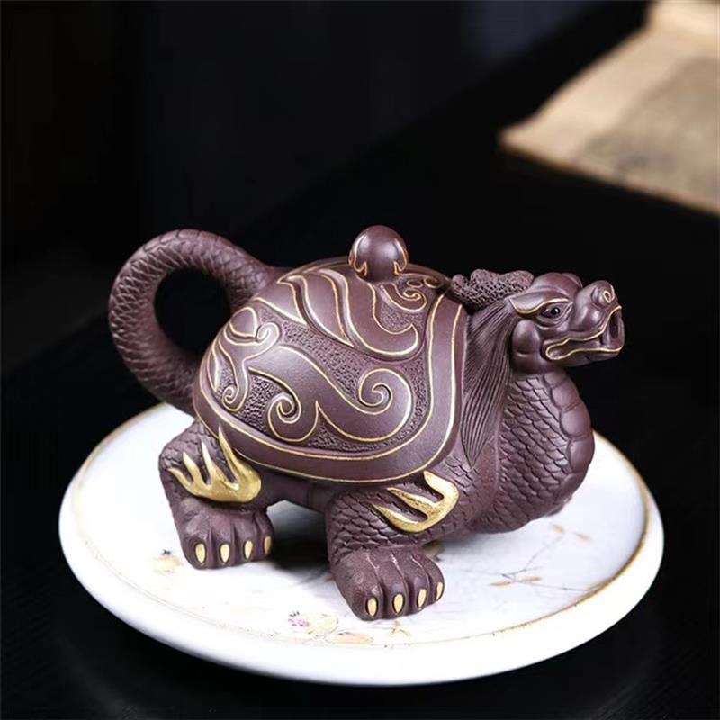 精品中式龙龟壶全手工紫砂壶原矿紫泥高端收藏礼品生肖泡茶壶描金