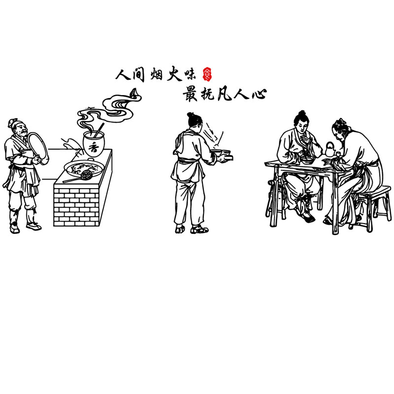 中式饭厅装饰墙贴饭店包厢酒馆中餐创意古典人物自粘防水墙壁贴画