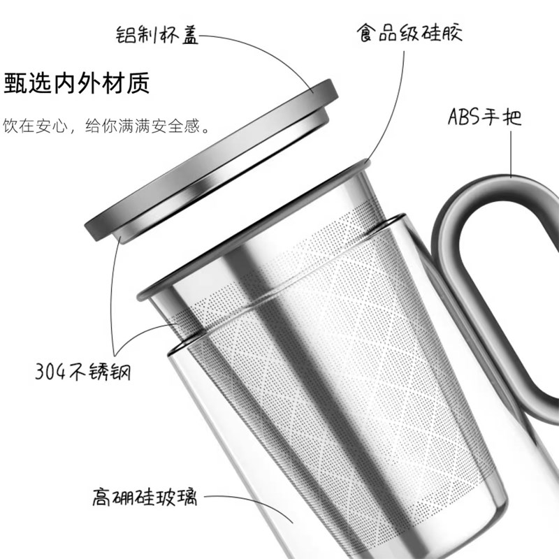 尚明茶水分离泡茶杯办公室过滤玻璃杯子带盖把手家用喝水杯男女士