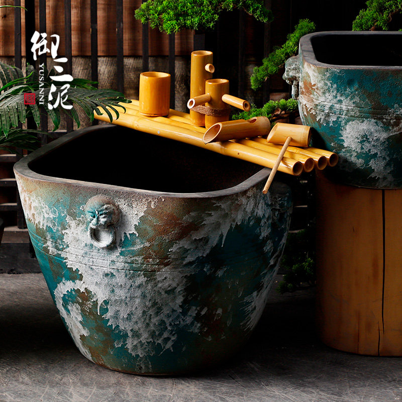 复古陶瓷仿古大缸浮世绘鱼缸落地摆件庭院园林粗陶手工流水水景盆
