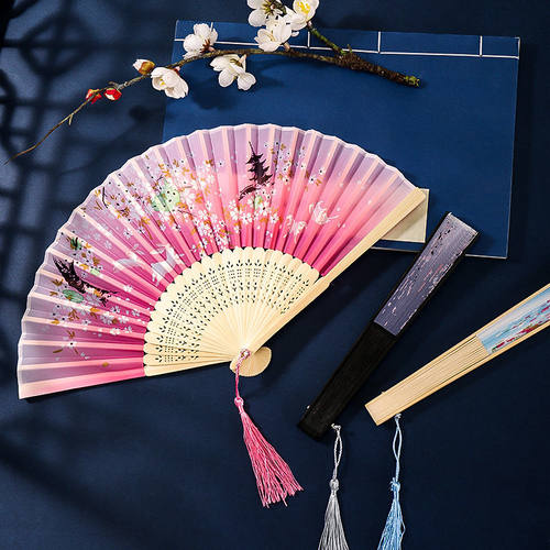 古风团扇长柄流苏小折扇半透古装女童汉服旗袍扇子儿童夏天舞蹈扇