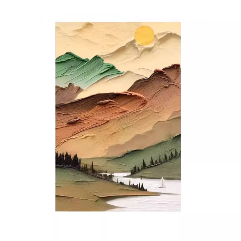奶油风抽象日出客厅装饰画山水风景手绘油画大芬村玄关挂画肌理画