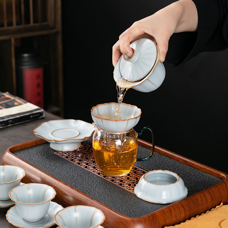汝窑花边茶漏陶瓷茶滤陶孔一体茶叶过滤网茶水分离器功夫茶具配件