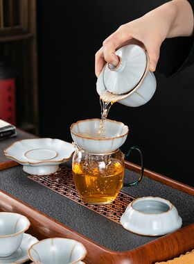 汝窑花边茶漏陶瓷茶滤陶孔一体茶叶过滤网茶水分离器功夫茶具配件