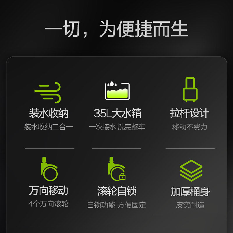 绿田拉杆洗车水桶 带轮可移动35L汽车储水箱 家用工程塑料工具组