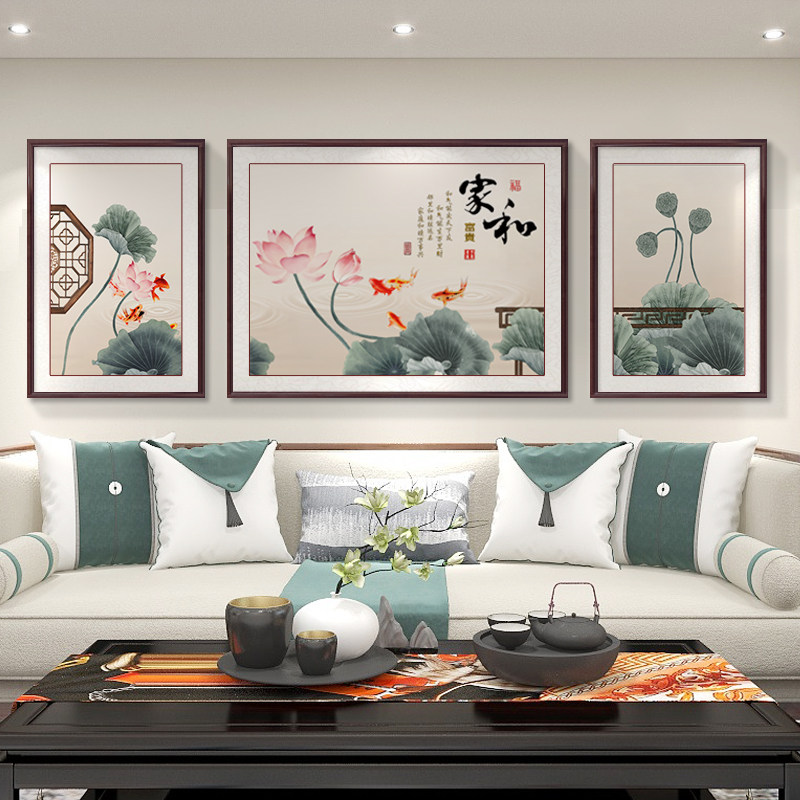 新中式客厅画荷花鲤鱼沙发背景墙装饰挂画三联壁画中国风花鸟国画