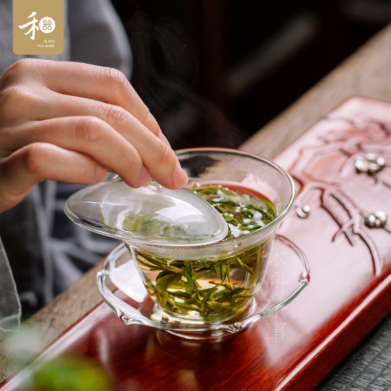 禾器玻璃盖碗泡茶杯加厚防烫茶具荷叶三才盖碗茶漏公道杯套装大号