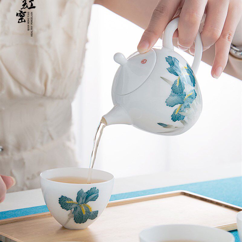 千红窑手绘陶瓷功夫茶具套装礼品盒家用轻奢中式高档鸢尾花整套