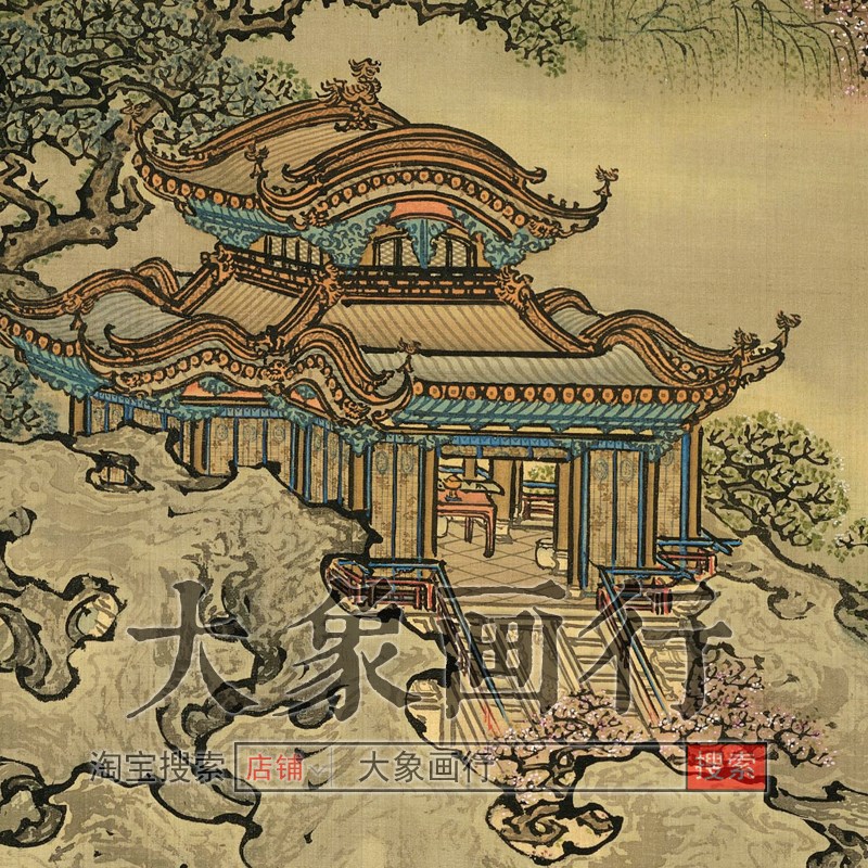 袁耀汉宫春晓图传统山水画亭台楼阁画临摹范本中式装饰画微喷画心图片