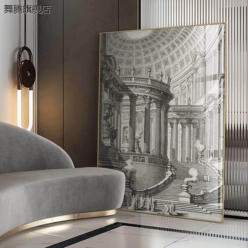 新品复古装饰画客厅沙发背景墙挂画城堡建筑艺术黑白简约巨幅壁画