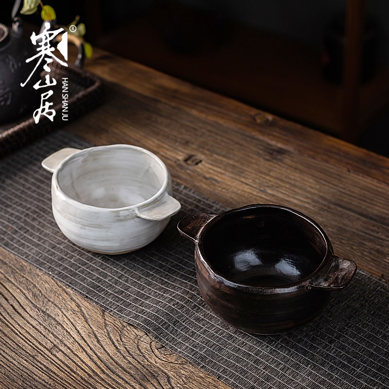 寒山居陶瓷仿古双耳碗原陶茶洗日式热汤碗茶具水洗果盘餐碗多用碗