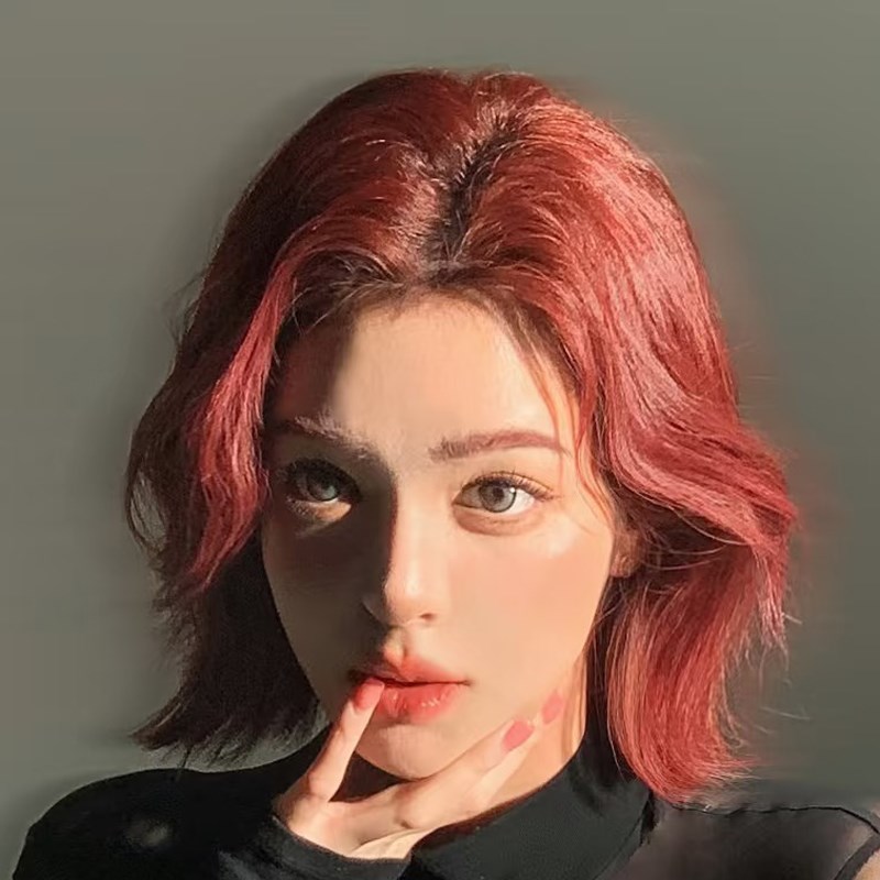日韩假发女短发Lolita中分红色女团微翘发型日常波浪短卷发全头套