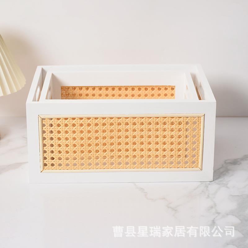 藤编实木制日式收纳盒茶几零食框杂物箱玩具竹编织收纳篮子收纳筐