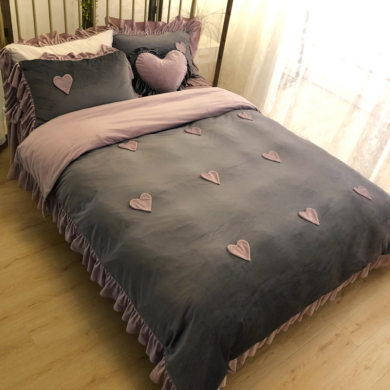 加厚双面水晶绒四件套法兰绒少女心公主风冬季珊瑚绒被套床上用品