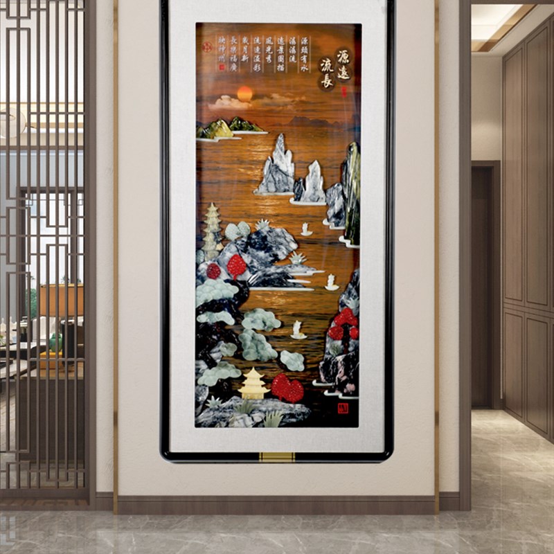 入户玄关装饰画走廊竖版挂画过道客厅led发光新中式玉雕画3d立体