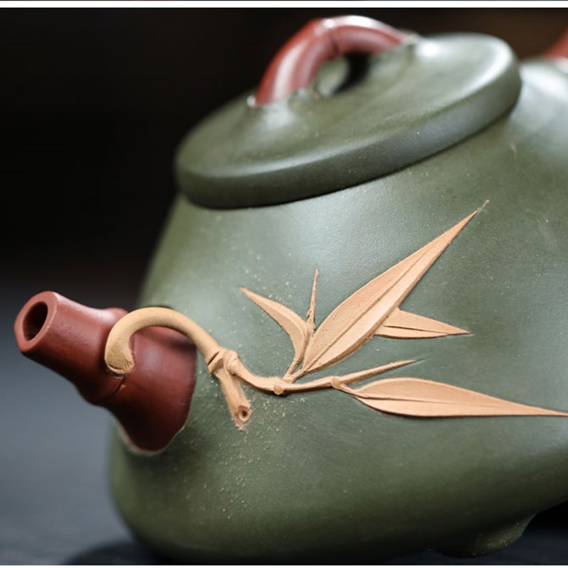 宜兴原矿紫砂2色竹节石瓢壶手工原矿紫砂壶