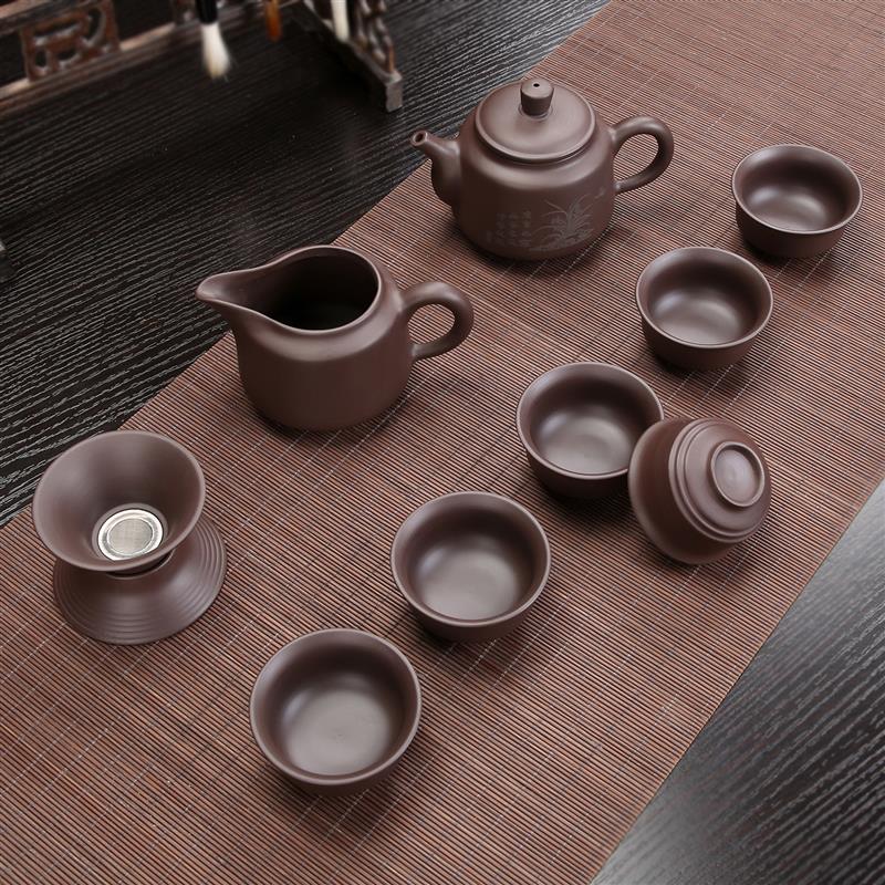 宜兴紫砂功夫茶具套装 陶瓷泡茶壶整套家用办公浮雕盖碗茶海杯子
