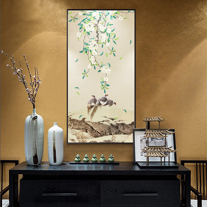 新中式玄关装饰画竖版花鸟工笔挂画中国风壁画客厅走廊楼梯有框画