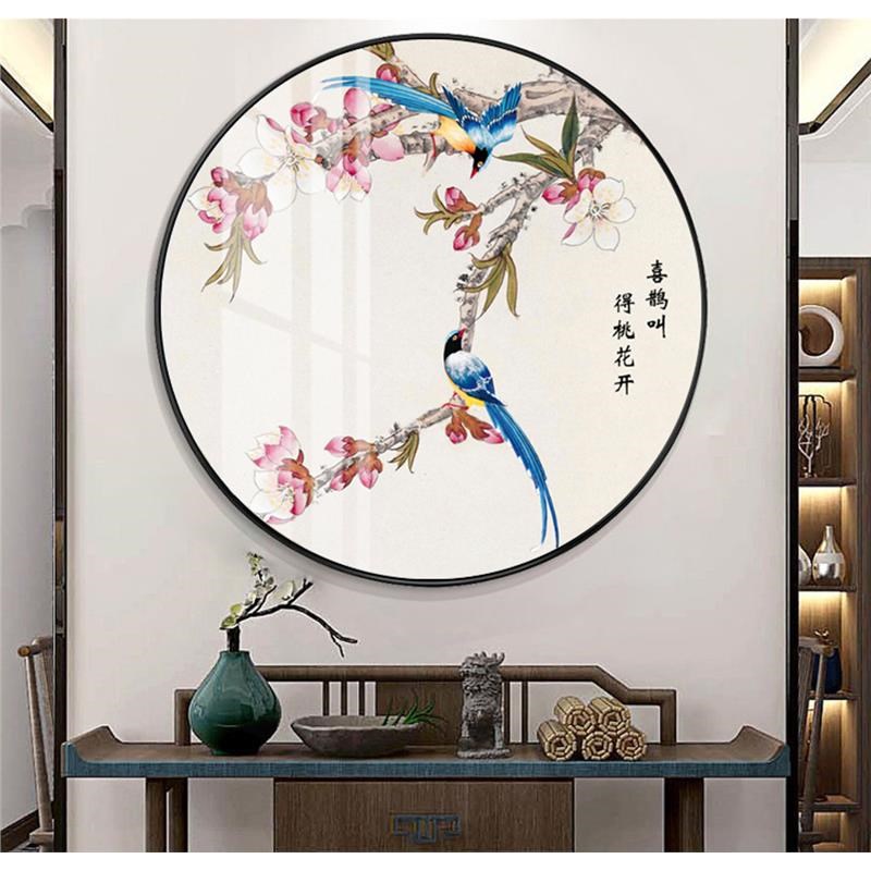 喜鹊桃花装饰画 花鸟圆形玄关新中式 桃花运 中国风卧室床头挂画