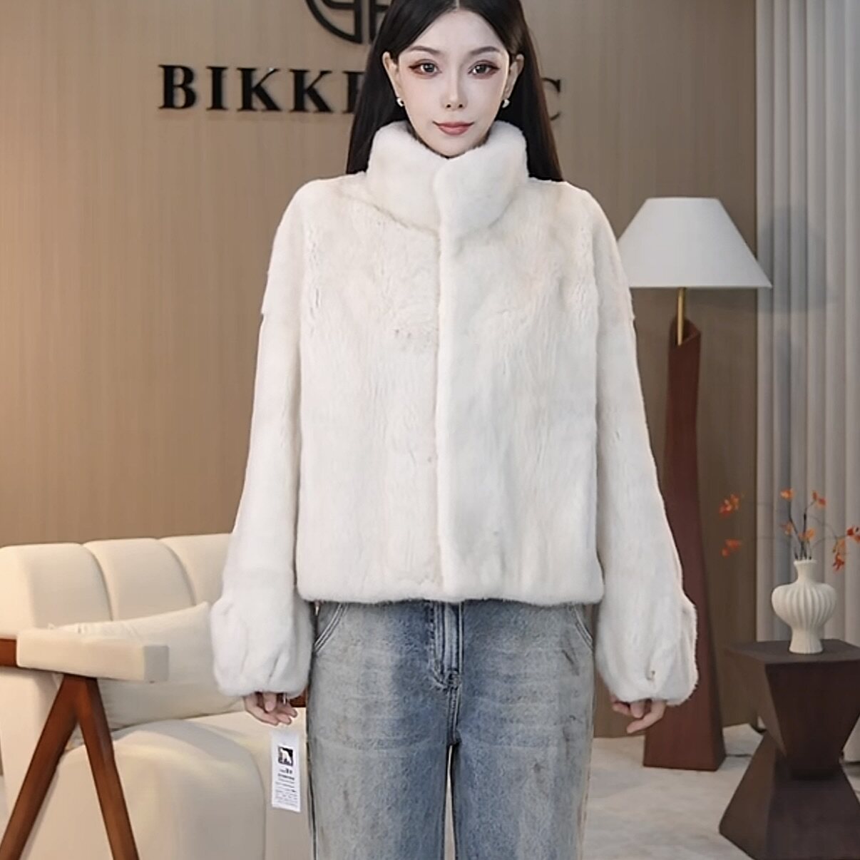BIKKBLANC【月照春霞】进口紫金短二水貂翻领灯笼袖皮草6037花