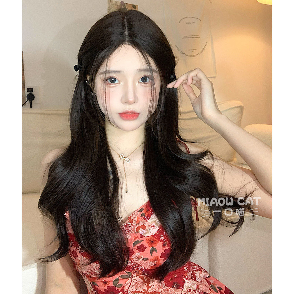 一口喵女长发无痕自然大卷中分前蕾丝手织网红八字刘海全头套假发