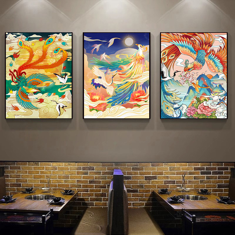 国潮百鸟朝凤图凤凰挂画新中式客厅玄关装饰画饭店火锅店墙面壁画