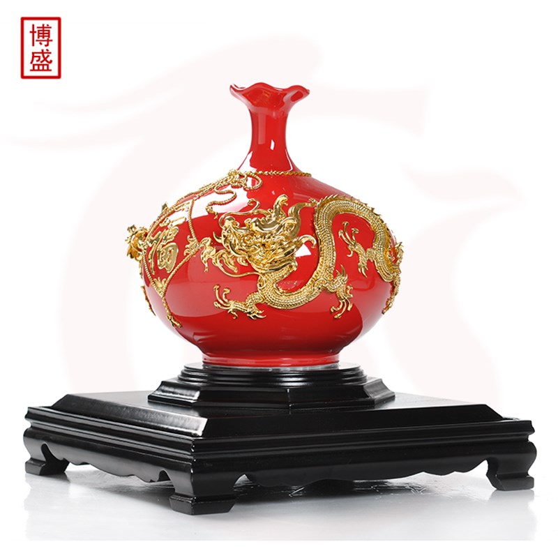 漆线雕陶瓷花瓶摆件 荷口双龙戏珠中国红开业礼品 家居装饰陶瓷摆
