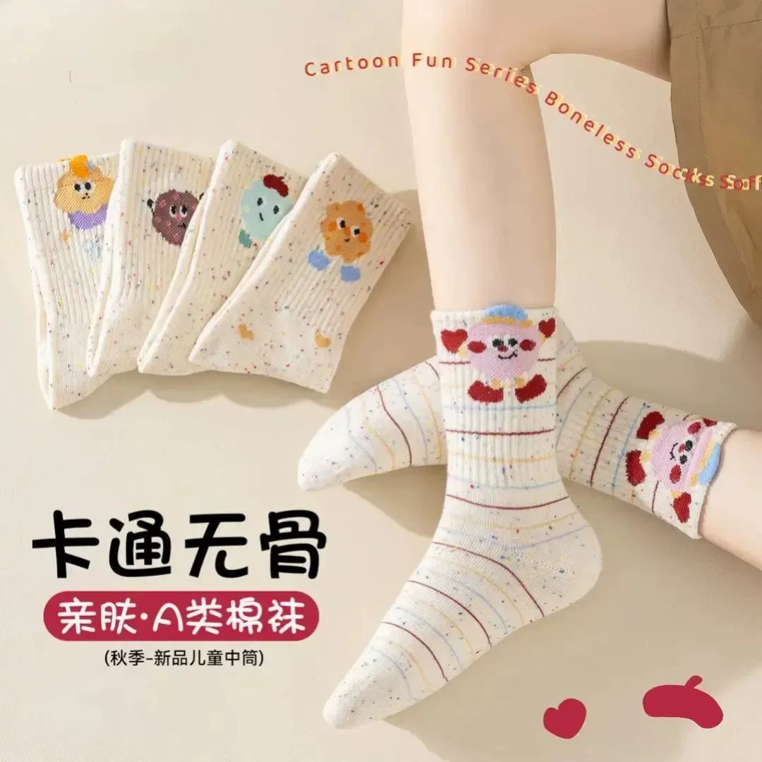 女童袜子秋季新款学生无骨卡通点纱可爱耐磨吸汗儿童中筒棉袜BW