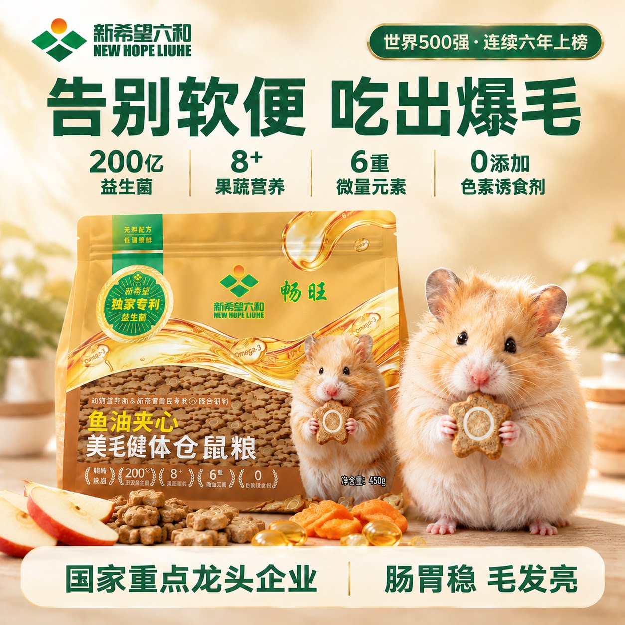 新希望六和仓鼠粮食全价主粮金丝熊美毛健体鱼油夹心烘焙零食饲料