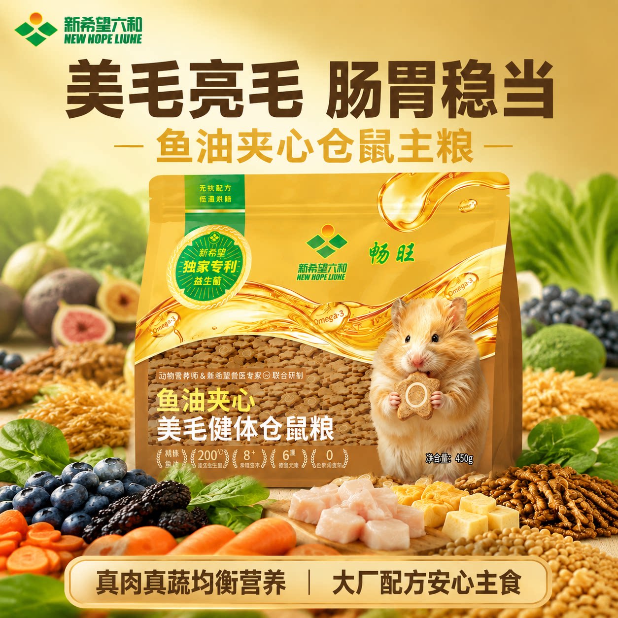 新希望六和仓鼠粮食全价主粮金丝熊美毛健体鱼油夹心仓鼠零食饲料