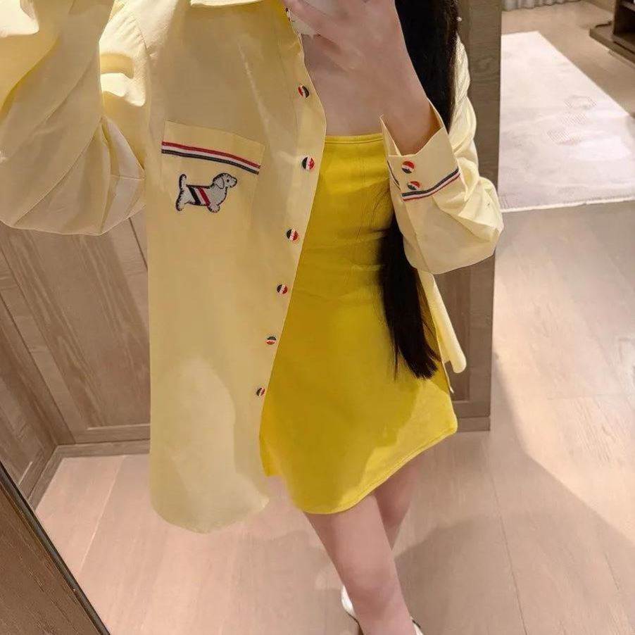 学院风小狗刺绣衬衫女经典四条杠红白蓝织带宽松廓形长袖衬衣春