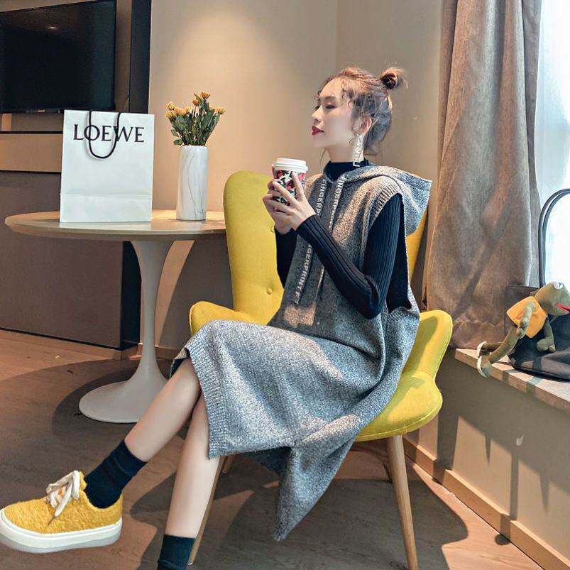 单件套装背心套装裙女2026新款毛衣针织连帽中长款显瘦显高秋冬