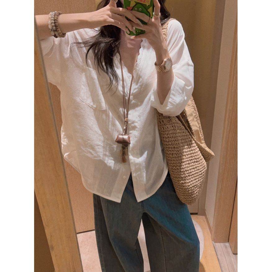 老钱风天丝棉麻白色蕾丝拼接衬衫女夏韩系宽松薄款防晒衫