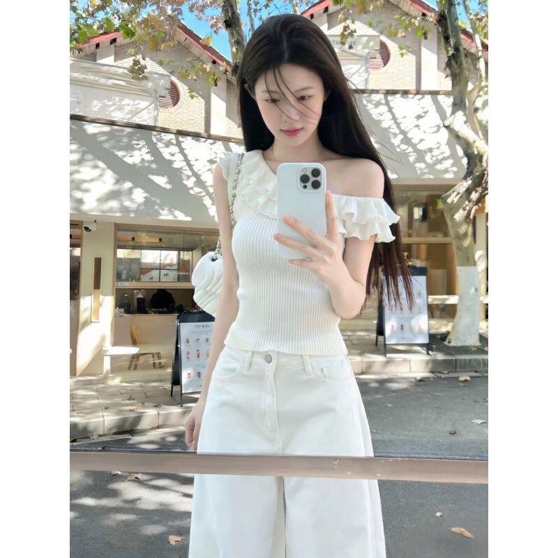 荷叶边斜领杏色针织短袖t
