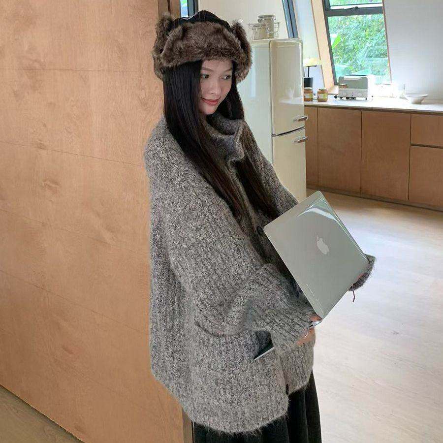 复古花色针织开衫新款宽松韩系慵懒秋冬毛衣外套加厚松软上衣外套