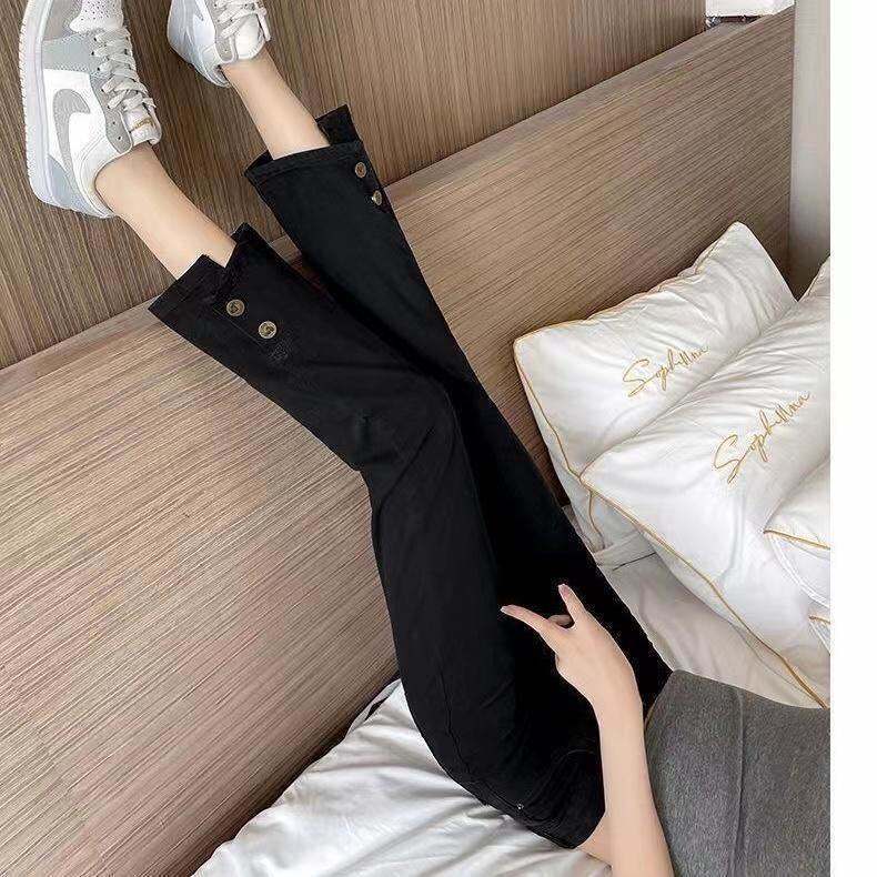 小个子八分烟管阔腿直筒裤女秋冬加绒外穿高腰显瘦九分打底小黑裤