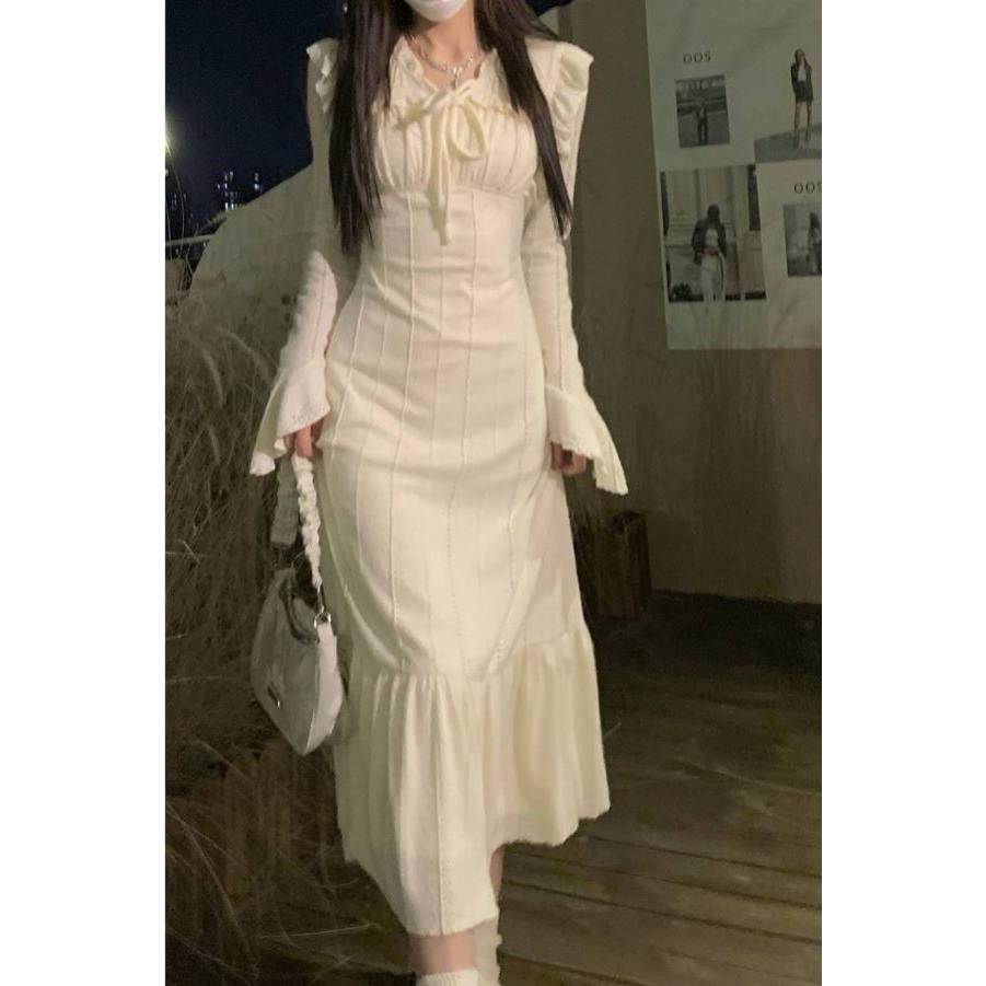 荷叶边绑带仙女连衣裙女秋冬设计感米白色中长款高腰显瘦打底裙子