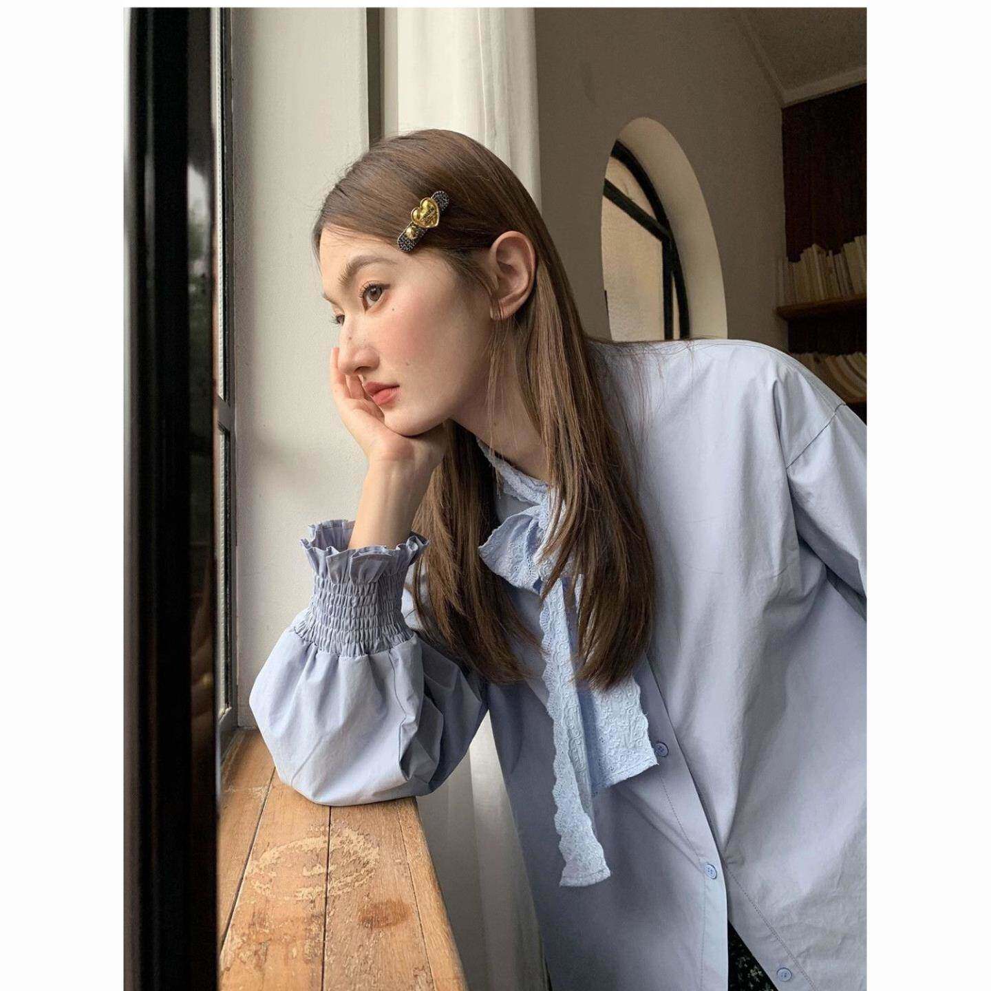 棉设计长袖衬衫女围巾领蝴蝶结蕾丝边拼接甜美衬衣宽松上衣外穿