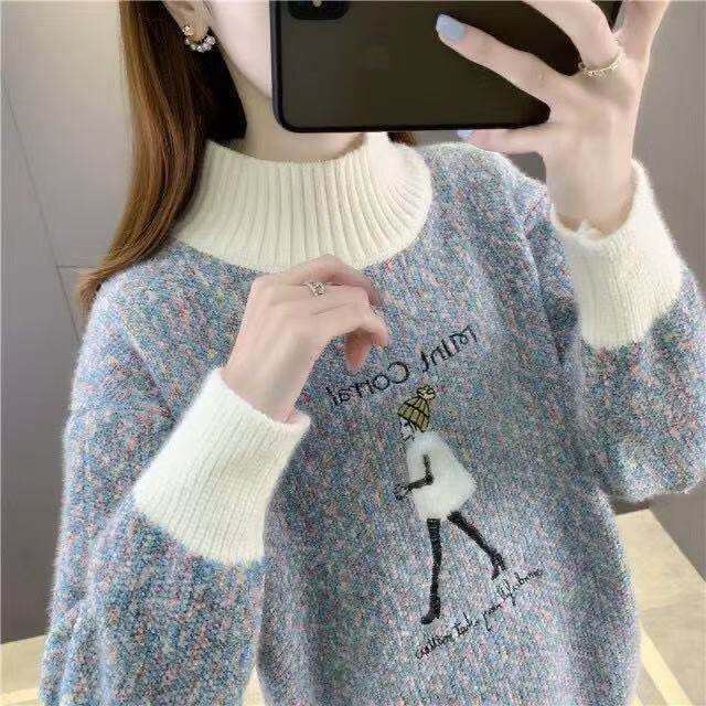 新款秋冬季雪尼尔学生外穿毛衣女半高领宽松加厚保暖针织上衣打底