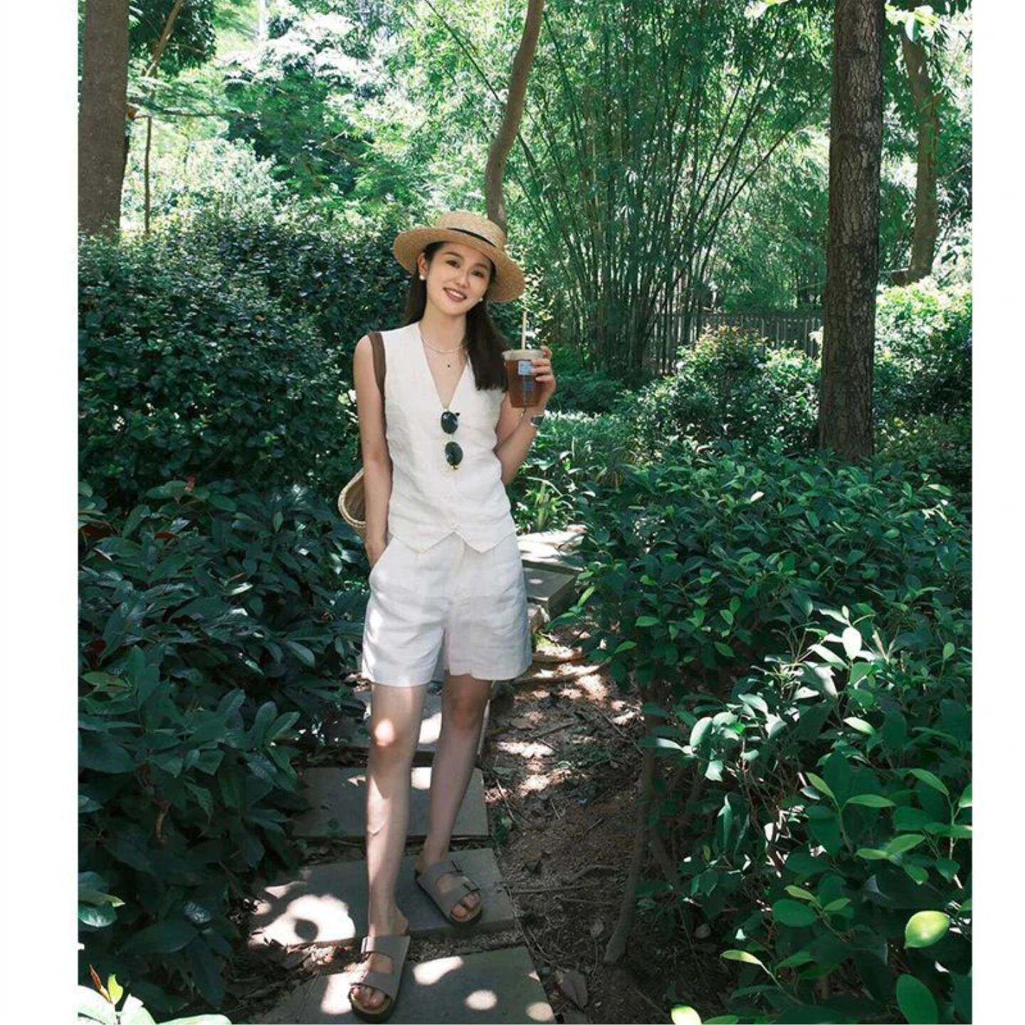 欧货法式复古棉麻马甲套装女夏季高端西装马夹背心上衣短裤两件套