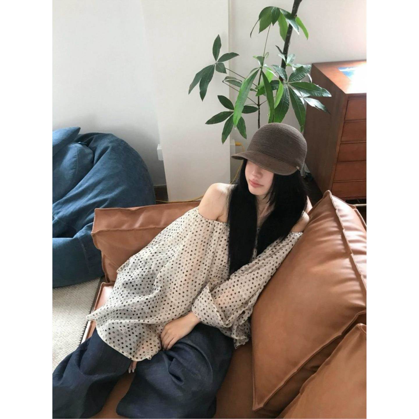 设计感不规则雪纺罩衫女多穿法长袖小衫一字肩波点抹胸上衣
