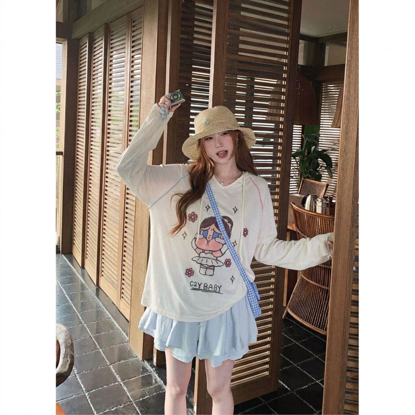 韩系哭娃微透连帽防晒罩衫长袖恤女夏季新款宽松百搭慵懒风上衣