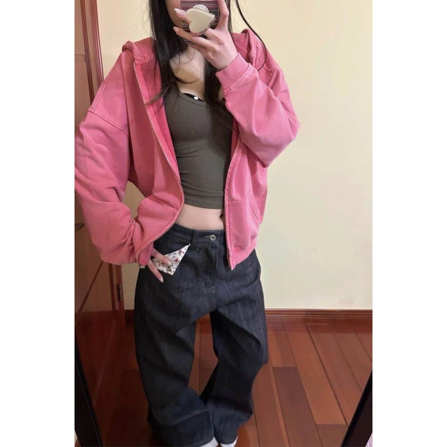 玫红色韩系高级感开衫连帽卫衣女早秋季新款休闲通勤运动拉链外套