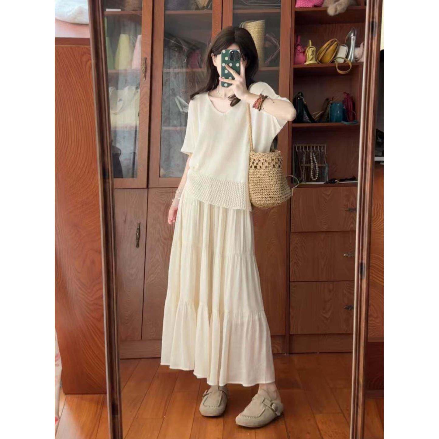 早秋氛围感穿搭两件套宽松修身慵懒风上衣女高腰显瘦超仙半身长裙