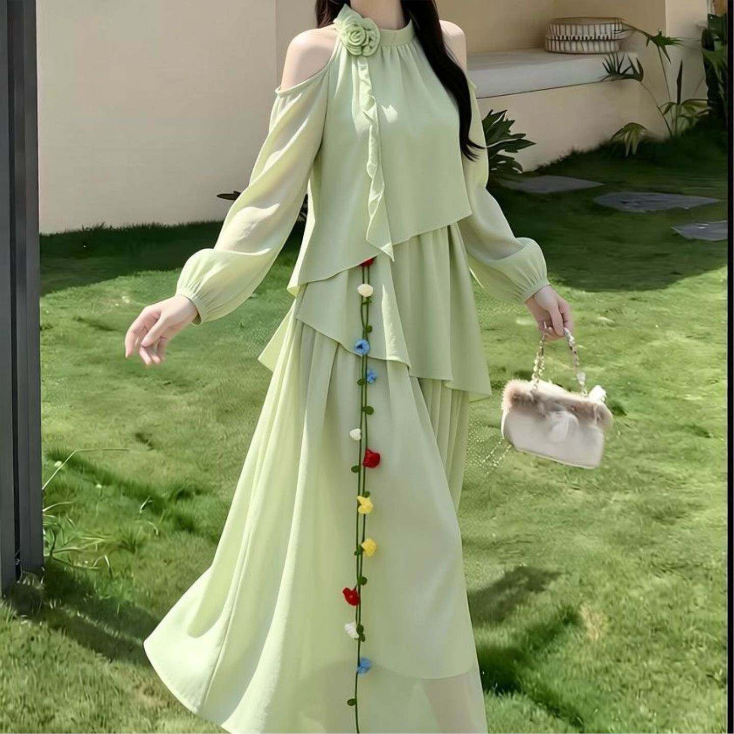 长裙女夏季法式挂脖遮肉藏肚日常百搭舒适收腰微胖显瘦大码宽松显
