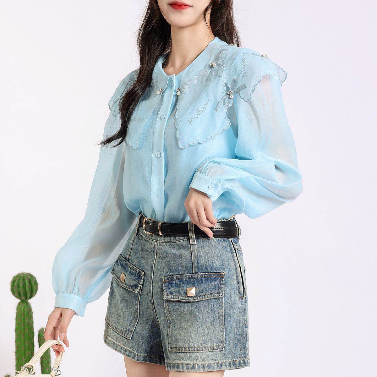 裴迪熊重工衬衣甜美订珠2026新款显瘦衬衫上衣长袖名媛女装